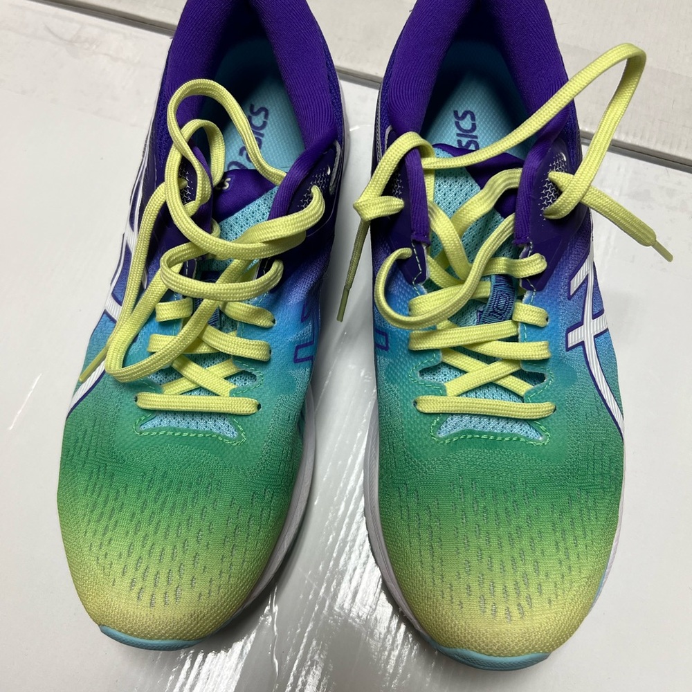 Asics Green and Purple Athletic Shoes with Gradient Design